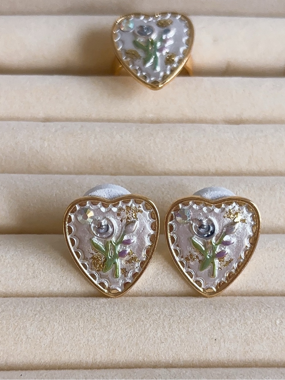 Gold Delicate Heart Floral Stud Earrings - White and Gold